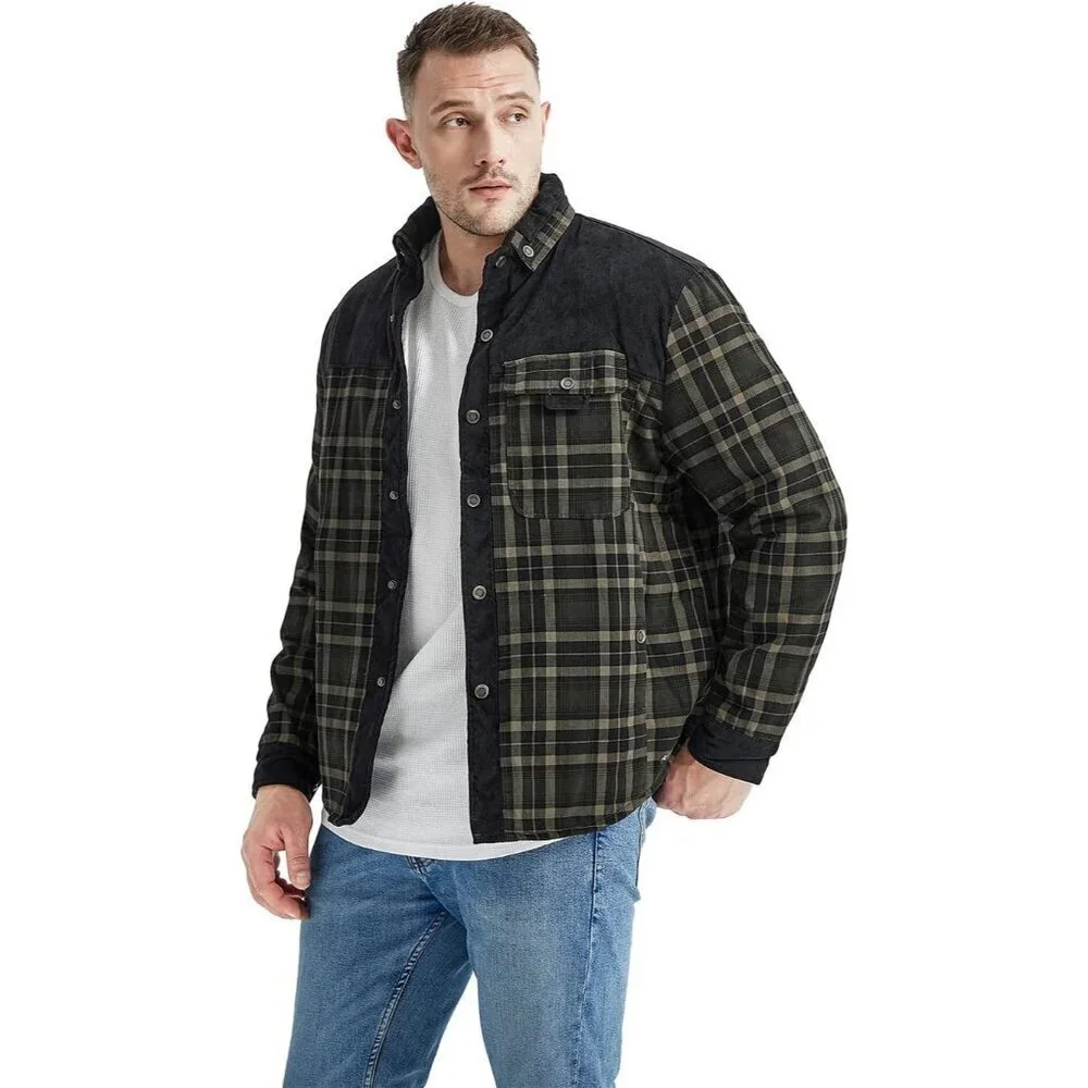 Men's Army Green Long Sleeve Sherpa Lined Flannel Shirt Jacket Fleeces